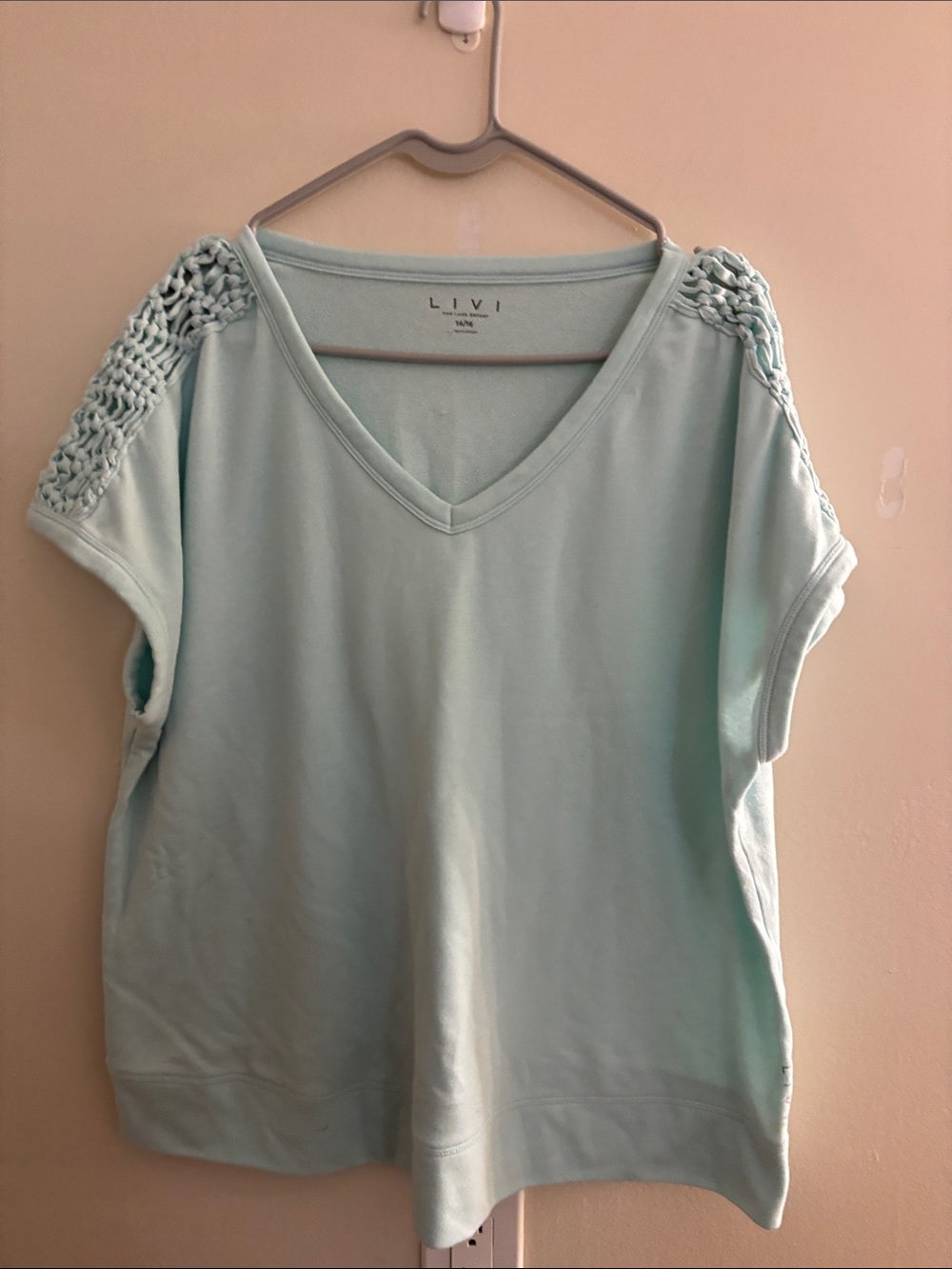 Livi Active Mint V-Neck Crochet Sleeve Sweatshirt